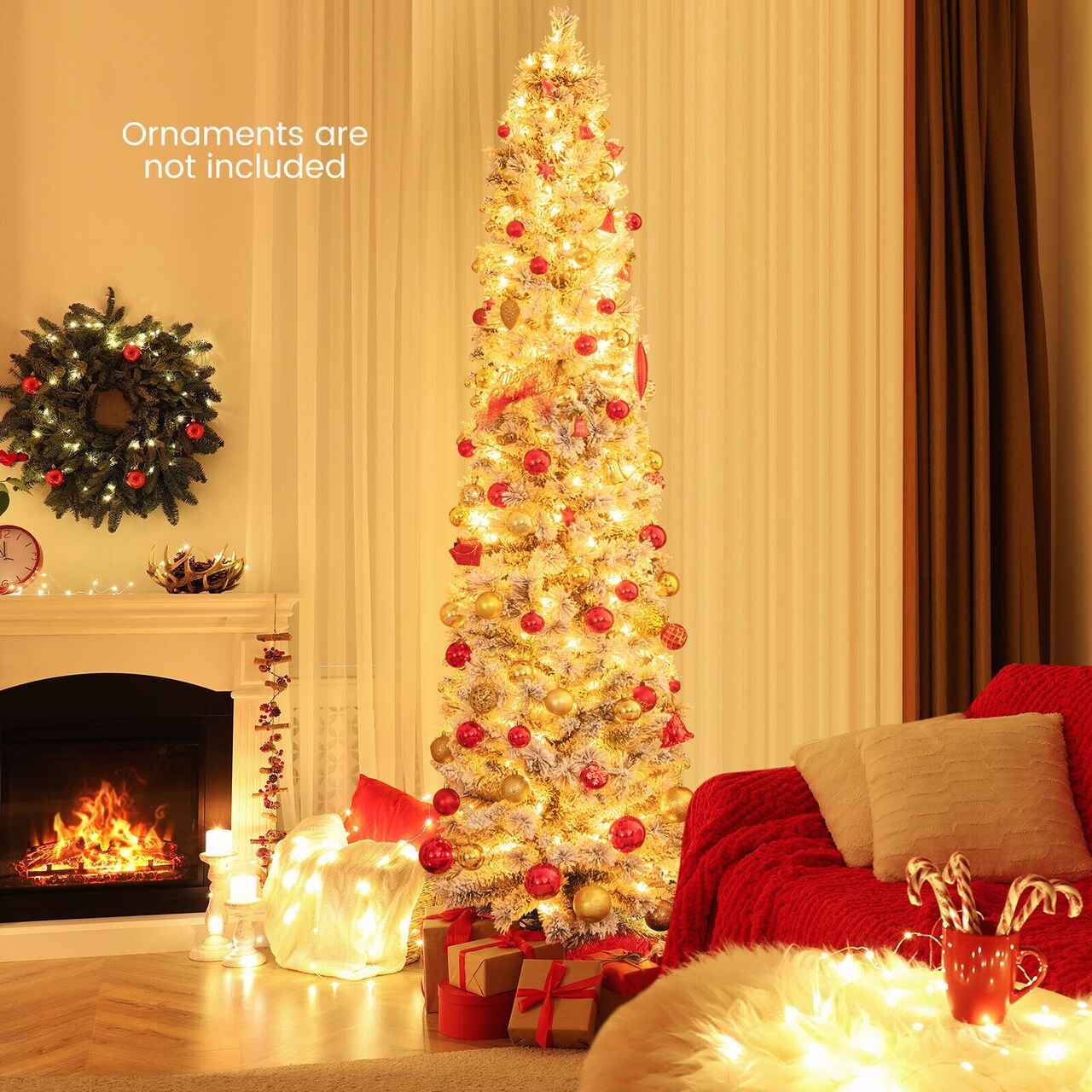 Pre lit Slim Flocked Christmas Tree with Warm Lights and Metal Stand